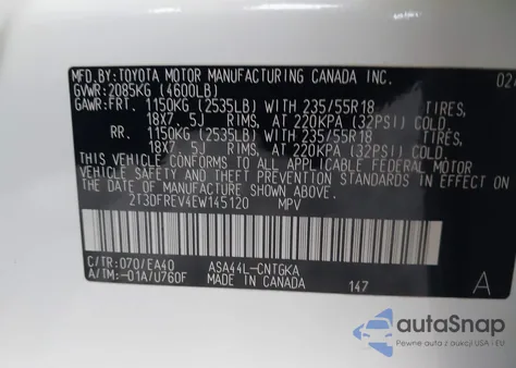 2014 Toyota Rav4 Limited z USA, uszkodzony, nr VIN 2T3DFREV4EW145120